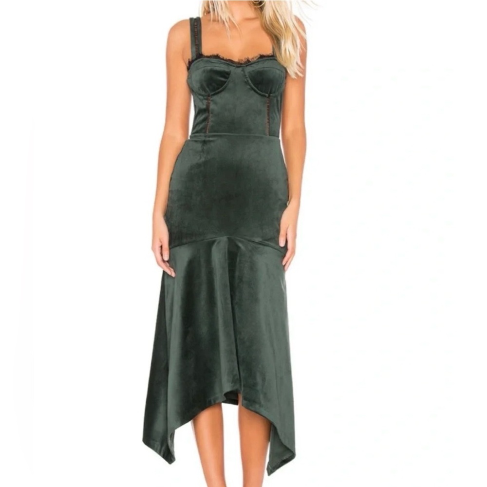Karina Grimaldi Irma Dark Green Velvet Midi Dress with Corset Bodice